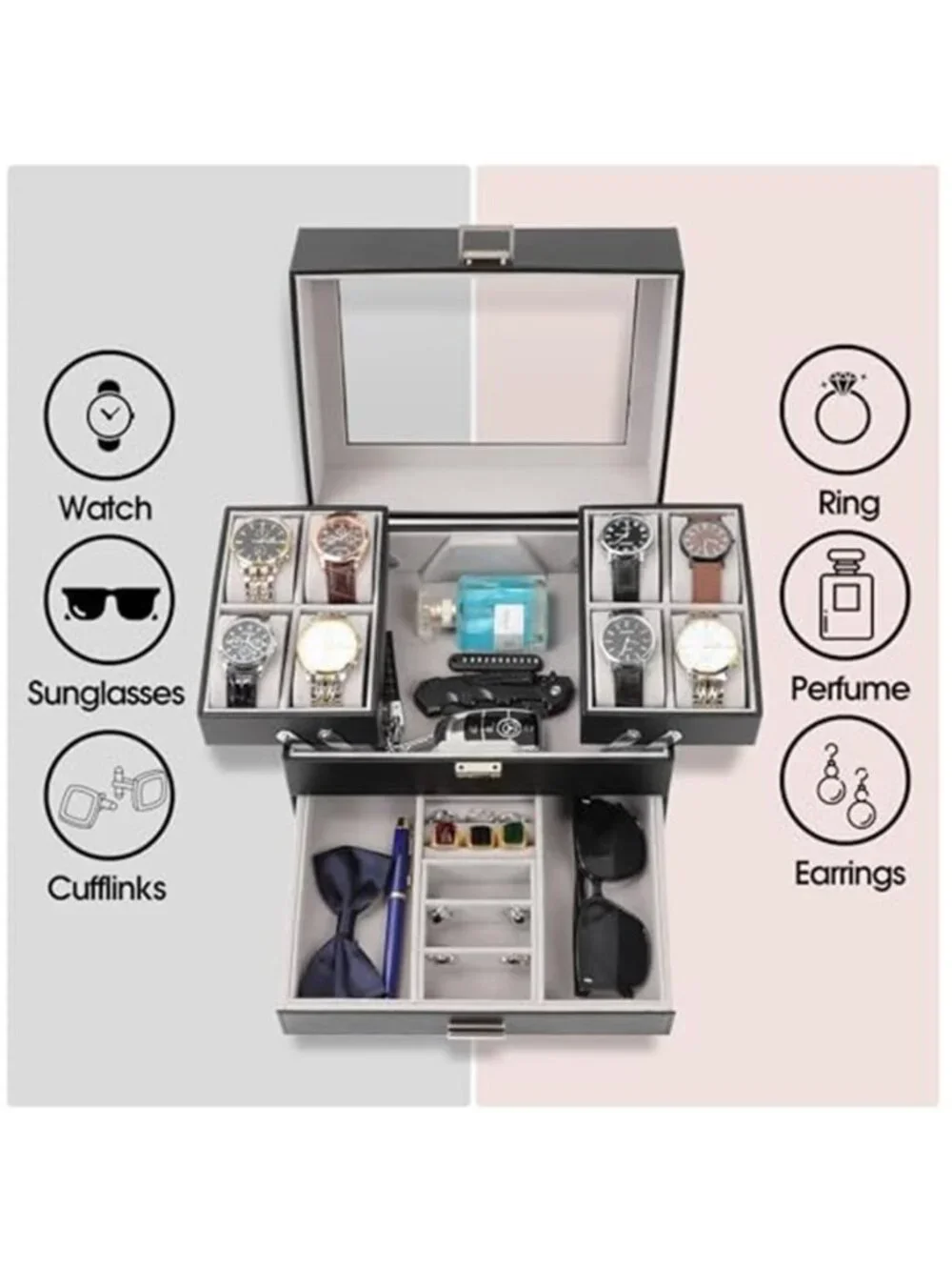 Watch Box, Watch Case for Men, 8 Slot Watch Display Case, 3 Layers Large